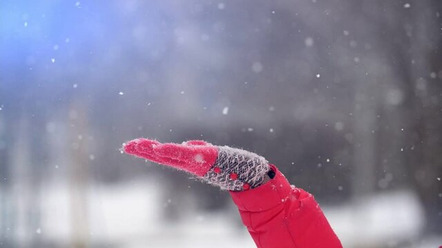 A female hand in a red glove catches snowflakes in winter on a blurred background. Slow motion, shallow depth of field