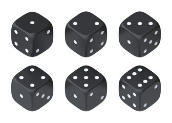 Set of six black dice with white dots hanging in half turn showing different numbers. Lucky dice. Rolling dice. Board games. Money bets. 3D rendering illustration