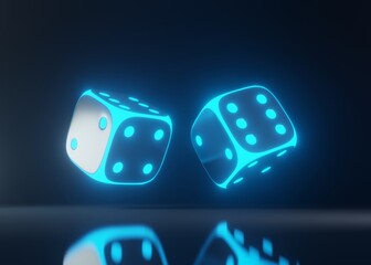 Dices of the Casino With Futuristic Blue Glowing Neon Lights Isolated On The Black Background. 3D Render Illustration