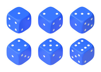 Set of six blue dice with white dots hanging in half turn showing different numbers. Lucky dice. Rolling dice. Board games. Money bets. 3D rendering illustration