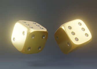Two golden rolling gambling dice in Flight on a black background. Lucky dice. Board games. Money bets. 3d rendering illustration