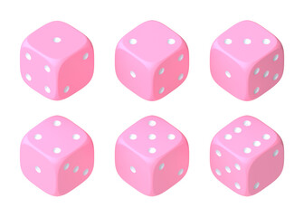 Set of six pink dice with white dots hanging in half turn showing different numbers. Lucky dice. Rolling dice. Board games. Money bets. 3D rendering illustration