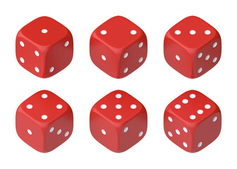 Set of six red dice with white dots hanging in half turn showing different numbers. Lucky dice. Rolling dice. Board games. Money bets. 3D rendering illustration