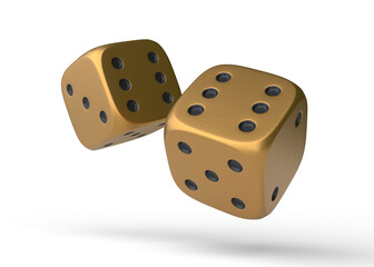 Two golden rolling gambling dice in Flight on a white background. Lucky dice. Board games. Money bets. 3d rendering illustration