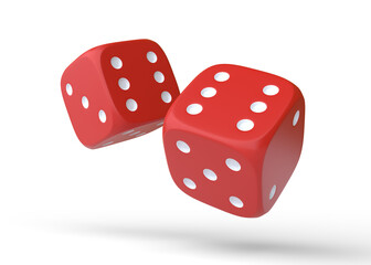 Two red rolling gambling dice in Flight on a white background. Lucky dice. Board games. Money bets. 3d rendering illustration