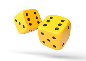 Two yellow rolling gambling dice in Flight on a white background. Lucky dice. Board games. Money bets. 3d rendering illustration - obrazy, fototapety, plakaty