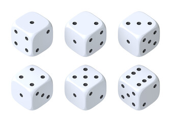 Set of six white dice with white dots hanging in half turn showing different numbers. Lucky dice. Rolling dice. Board games. Money bets. 3D rendering illustration