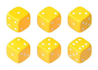 Set of six yellow dice with white dots hanging in half turn showing different numbers. Lucky dice. Rolling dice. Board games. Money bets. 3D rendering illustration