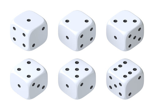 Set of six white dice with white dots hanging in half turn showing different numbers. Lucky dice. Rolling dice. Board games. Money bets. 3D rendering illustration