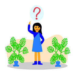 The girl raised her hand up, points to the question mark, business idea development concept, flat design style, question in the cloud