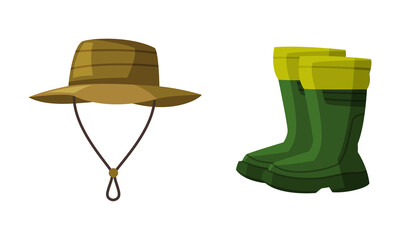 Fisherman Green Hat and Pair of Boots Vector Set