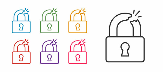 Set line Broken or cracked lock icon isolated on white background. Unlock sign. Set icons colorful. Vector