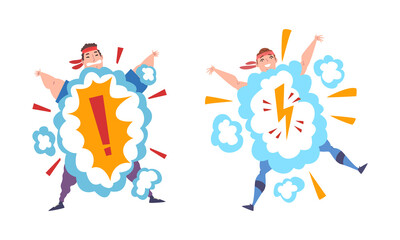 Fototapeta premium Overweight Man and Woman Character with Bang Cloud Getting Fit Vector Set
