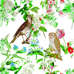 A beautiful and stunning repeated pattern of florals and birds free download perfect for fabrics, t-shirts, mugs, packaging etc