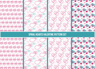 Four heart and spiral shape vector seamless patterns. Pink and teal color