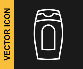 White line Bottle of shampoo icon isolated on black background. Vector