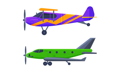 Airplane or Fixed-wing Aircraft Propelled by Thrust Side View Vector Set