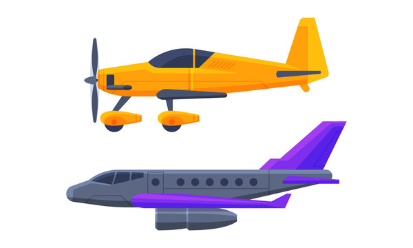 Airplane or Fixed-wing Aircraft Propelled by Thrust Side View Vector Set