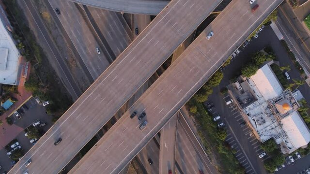 Road junction between two highways. Top view. Aerial, drone shot
