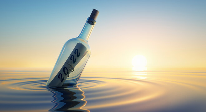 2022 message in a bottle at the beach with calm sea at sunrise - 3D illustration