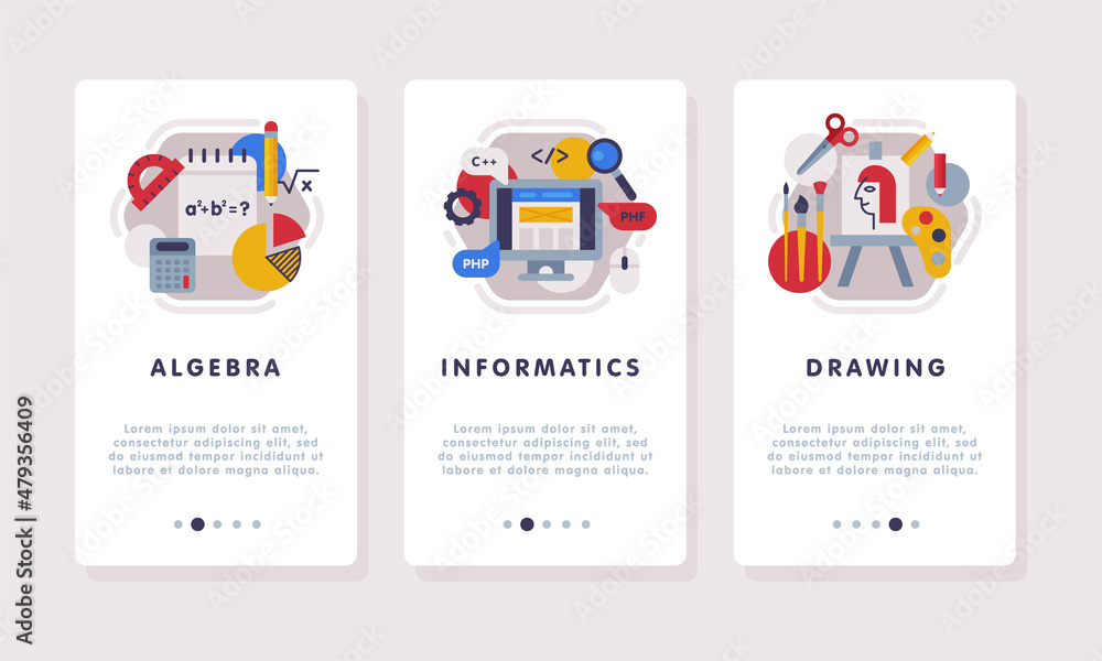 Poster school education web banner with text caption and educational objects vector set