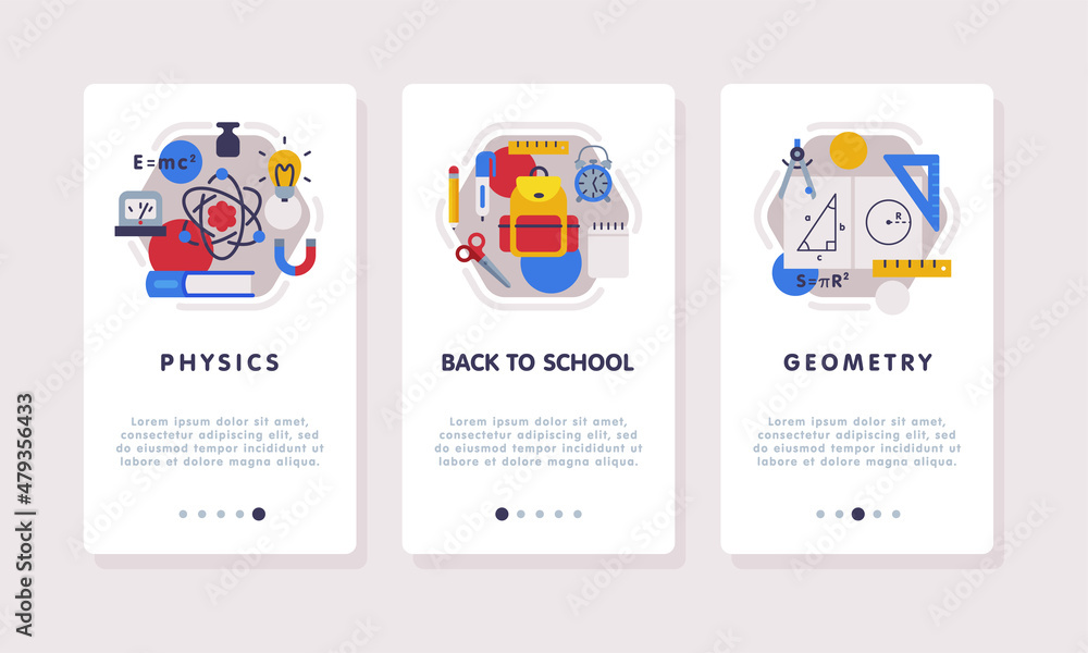 Poster school education web banner with text caption and educational objects vector set