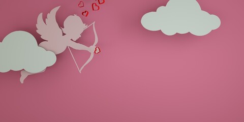 Cupid holds an arrow with a shadow on a pink background with copy space. Design with hearts, clouds and Cupid. Paper art style 3d render