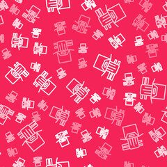 White line Asian noodles in paper box and chopsticks icon isolated seamless pattern on red background. Street fast food. Korean, Japanese, Chinese food. Vector