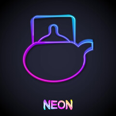 Glowing neon line Traditional tea ceremony icon isolated on black background. Teapot with cup. Vector