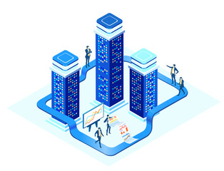 People work in server room. Big data. Isometric 3D business concept environment, Business people having a meeting, technology, big data, computing, artificial intelligence, mining crypto