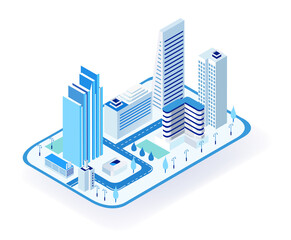 Modern city icon, isometric view. Skyscrapers, office buildings, roads and park