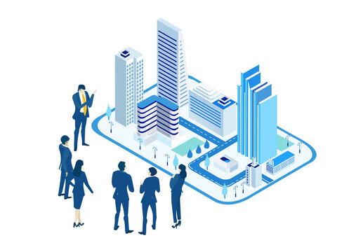 Business people, architects, investors are talking around City model, architectural project. Property strategy isometric illustration 