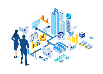 Business, banking, investments in the City. Isometric 3D business concept environment, Creative team working together, developing project. Business, finance, logistics concept.