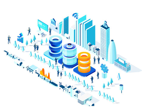 Big data and the city. Business, banking, investments in the City. Isometric 3D business concept environment, Creative team working together, mining bitcoin, cryptocurrensy 