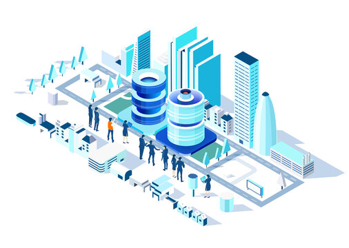 Big data and the city. Business, banking, investments in the City. Isometric 3D business concept environment, Creative team working together, mining bitcoin, cryptocurrensy 
