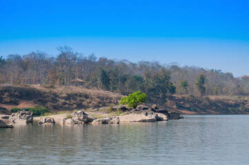 Beautiful Panna river and rocky riverbed at Panna National Park, Madhya Pradesh, India. It is located in Panna and Chhatarpur districts of Madhya Pradesh in India. A tiger reserve.