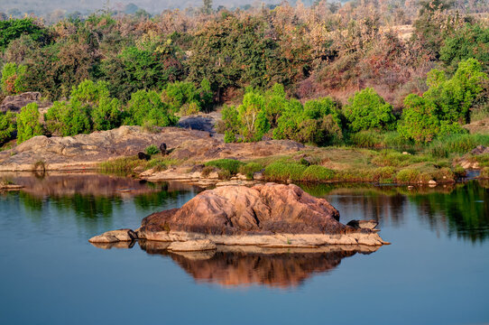 Beautiful Panna river and rocky riverbed at Panna National Park, Madhya Pradesh, India. It is located in Panna and Chhatarpur districts of Madhya Pradesh in India. A tiger reserve.