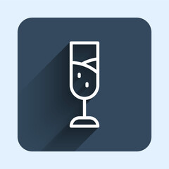 White line Glass of champagne icon isolated with long shadow background. Merry Christmas and Happy New Year. Blue square button. Vector