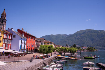 Fototapeta na wymiar View of the lovely city of Ascona on the shore of Lake Maggiore in Ticino, Southern Switzerland