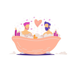 Two man in a bathtub. Gay man couple taking a bath, vector illustration.