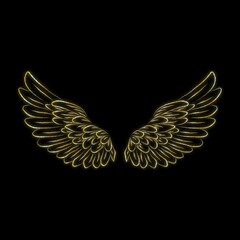 Gold Angel wings neon sign, bright glow, brick wall background, vector illustration. Icon, symbol for poster social network.