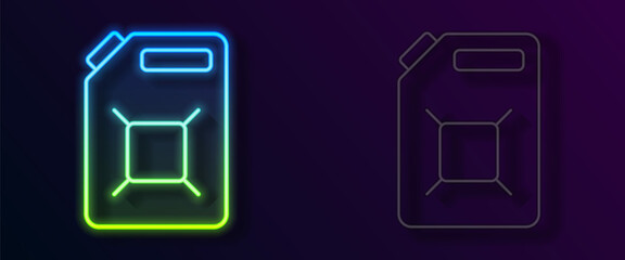 Glowing neon line Canister for gasoline icon isolated on black background. Diesel gas icon. Vector