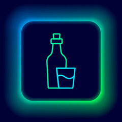Glowing neon line Soju bottle icon isolated on black background. Korean rice vodka. Colorful outline concept. Vector