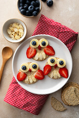 Healthy fun food for kids. Whole meal owl crackers with berries.