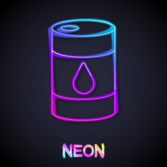 Glowing neon line Barrel oil icon isolated on black background. Vector