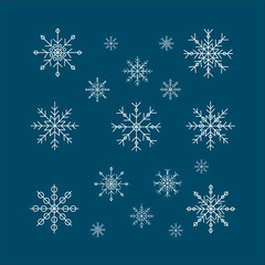 Fototapeta na wymiar Set of vector white snowflakes on dark blue background