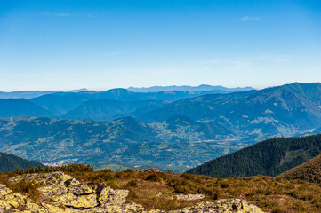 View of Maramures ridge from Rodna Mountains National Park hike, Muntii Rodnei National Park, Romania, Romanian Carpathian Mountains, Europe.