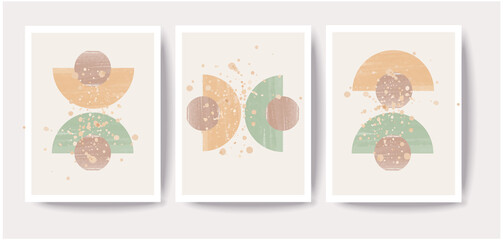 Fototapeta na wymiar Modern set of 3 abstract half circle minimal artistic hand drawn in green and orange, composition ideal for wall decoration, postcard, brochure or poster design, vector illustration 