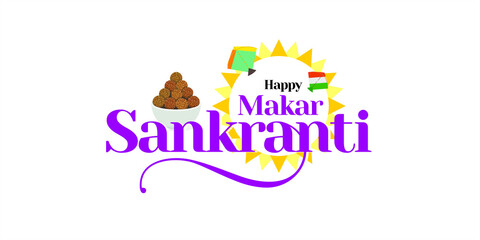 Conceptual Greeting Card for Makar Sankranti, an Indian Festival. Editable Illustration of colorful Kites and Sesame Laddu in a Bowl.