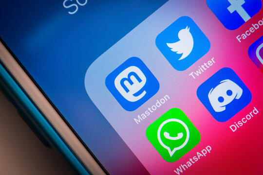 Kumamoto, JAPAN - Feb 8 2021 : Closeup Mastodon and popular SNS (Twitter, Facebook, WhatsApp, Discord and Instagram) apps on iPhone. Mastodon is a free open-source software for running self-hosted SNS